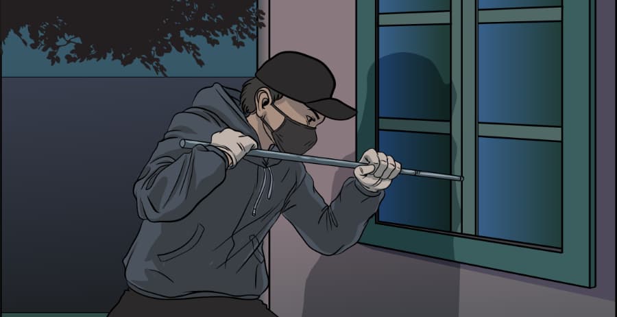 Illustration of burglar forcing entry through a window in Fort Collins